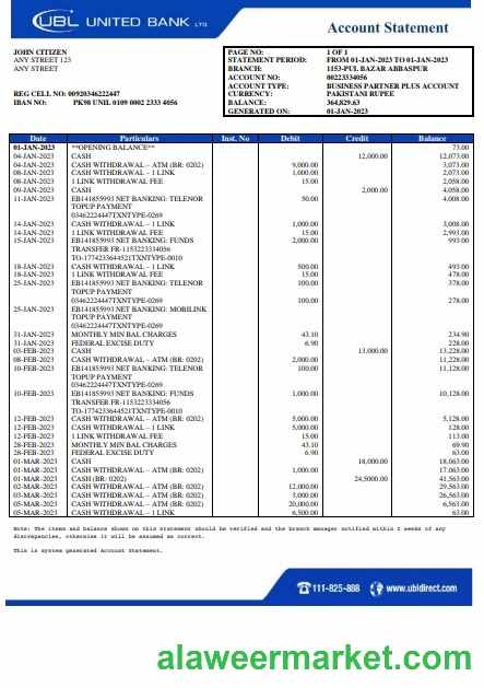 Pakistan UBL bank statement Word and PDF template